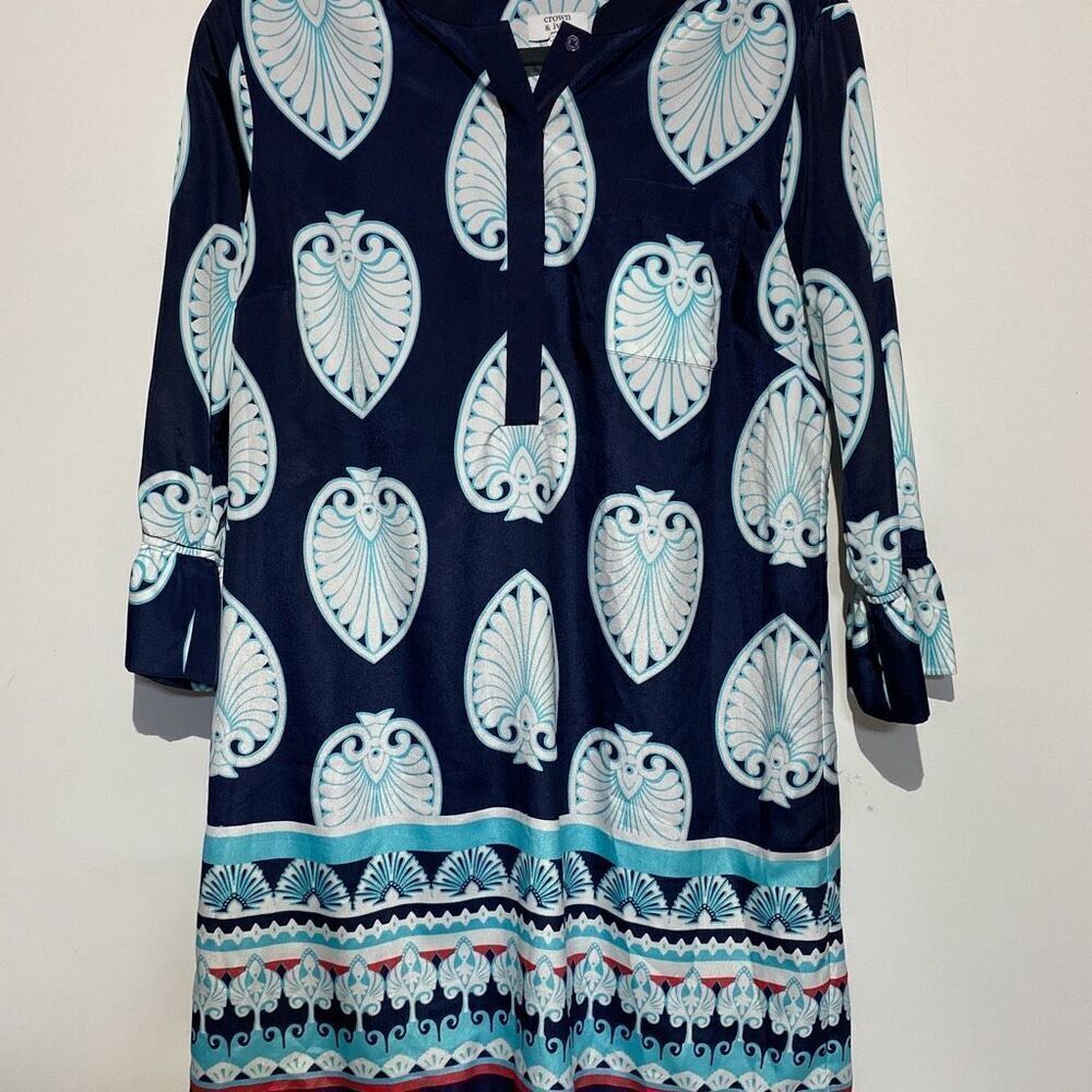 Crown & Ivy Blue Baroque Print Tunic Midi Shirt Dress Petite Size 12P Polyester‎
